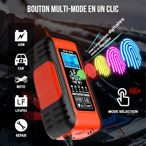 Husgw Chargeur Batterie Lithium 12V/24V Sécurité Enfant Voiture Camion Moto AGM Gel Wet LiFePO4