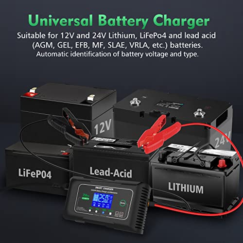 Haisito Chargeur Batterie Voiture 12V/24V 25A, Chargeur Intelligent Rapide pour Batteries Lithium LiFePO4, Plomb AGM EFB