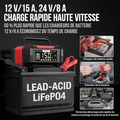 NEXPEAK NC315 15A Chargeur de Batterie de Voiture Intelligent avec Compensation de Température et Rangement des Câbles A