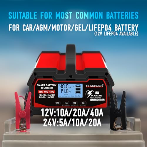 Chargeur de Batterie Yinleader Intelligente 40A 12V/24V, pour Voiture, moto AGM 12V LiFePO4